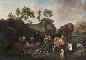 Landscape With An Old Herdsman And Young Market Girl Fording A Stream Followed By Two Horse And Carts With Grooms — Dirck Van Den Bergen