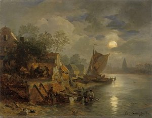 Nocturnal coastal landscape with fishermen