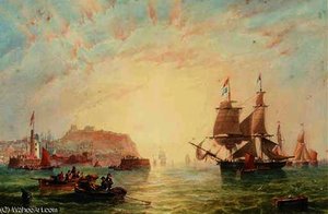 A Trading Brig And Other Vessels Off The Entrance To Scarborough — John Wilson Carmichael, Romanticism
