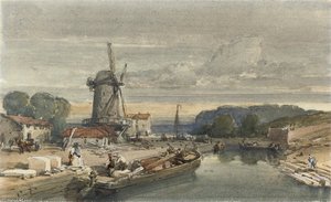 Figures Loading A Barge Before A Windmill (illustrated); And A Border Castle — William Leighton Leitch