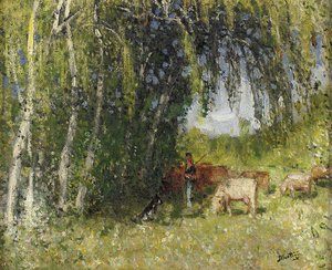 The Herd In Birch Grove Near The Creuse — Pierre-eugène Montézin