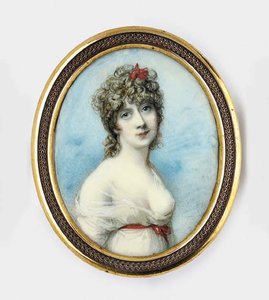 A Young Lady, Facing Right In Loose White Dress With Red Sash, Red Ribbon In Her Long Curling Hair — Richard Cosway