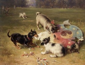Fighting With The Kite - Manchester Terrier, Pug And King Charles Spaniel — Carl Reichert