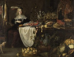 Young Woman Sitting At A Laden Table In A Larder — Адриан Ван Утрехт