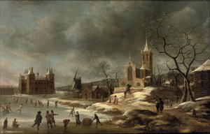A winter landscape with activities on the ice near Castle Buren, in Gelderland.