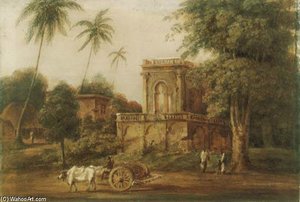An Oxen Cart Below A Mausoleum — George Chinnery