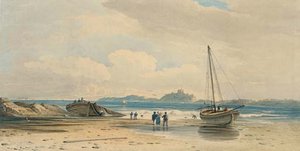 Figures On The Shore With Bamburgh Castle Beyond, Northumberland — John Varley I (the Older)