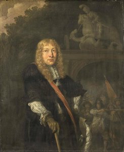 Portrait of an officer of the Leiden civic guard in front of the gate of the headquarters of the St. George guards, Domenicus van Tol, 1673