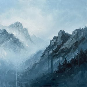 Monolithic Shadows Of Slate Blue Amidst An Ethereal And Luminous Atmospheric Descent — Christian Noiret, Contemporary Abstract Painting