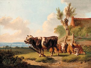 Cattle By A Fence; And Cattle Resting — Albertus Verhoesen