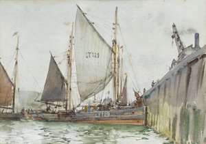 A Lowestoft Trawler Coming Alongside The Quay — Henry Scott Tuke