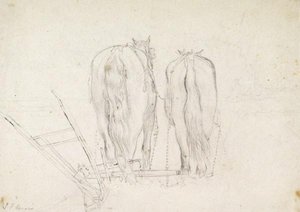 Two Horses Pulling A Plough, Viewed From The Back — John Frederick Lewis