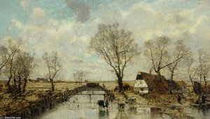 Dutch Landscape With Trees And Cottages By The Water — Karl Heffner