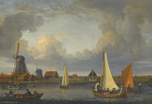 A River Landscape With Fishermen In Rowing Boats, Windmills Beyond — Abraham Storck (sturckenburch)
