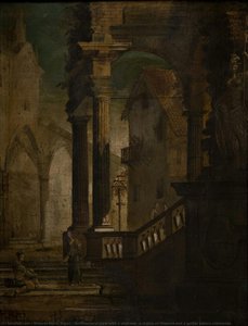Architectural View With A Stairway, A Statue Of Minerva And A Gothic Palace Colonnade — Vittorio Maria Bigari