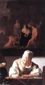Lady Writing A Letter With Her Maid (detail) — Johannes Vermeer, Baroque