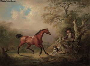 A Groom Offering A Feeding Sieve To A Bay Pony, In A Wooded Landscape — Sawrey Gilpin
