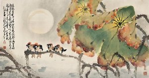 LOTUSES AND BIRDS IN THE MOONLIGHT