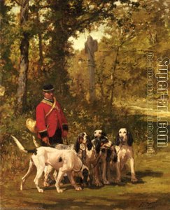 A Huntmaster with his Dogs on a Forest Trail