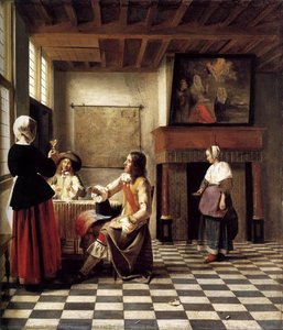 A Woman Drinking with Two Men
