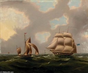 A Naval Frigate And Yawl In The Channel — Thomas Buttersworth