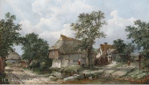 Figures before a cottage,