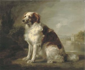 A Red And White Dog, In A Landscape, A Fortified Tower And An Estuary Beyond — George Stubbs