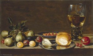 Still Life Fruit, Bread and a Goblet on a Table