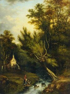 Landscape, Watermill And Figures By A Stream — John Warkup Swift