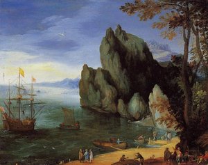 Bay With Ship Of War — Jan Brueghel The Elder