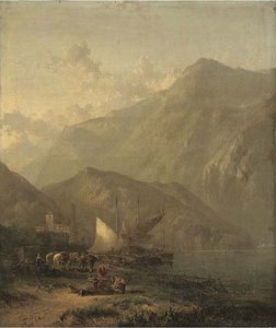 Mountainous Lake Landscape With Figures And Boats In The Foreground And A Villa Beyond — James Baker Pyne