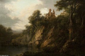 A Rocky Wooded Landscape With A Ruined Castle By A Loch — Alexander Nasmyth