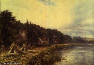 Riverside Village with figures fishing