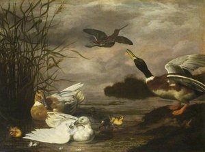 Duck and a Woodcock near Reeds, a Mere beyond
