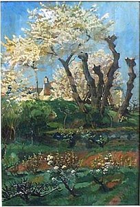 Cerisiers en fleurs et chênes tors