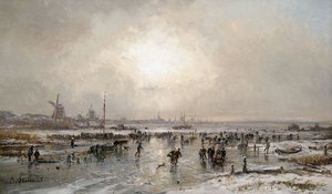 Winterliches Eisvergnügen Auf Einem Zugefrorenen Kanal Vor Holländischer Stadtsilhouette — Adolf Stademann