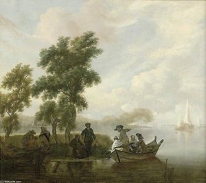 Lake Scene With A Fishing Party