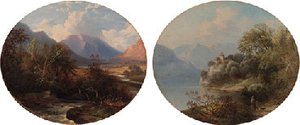 A mountain torrent; and a castle on a lake