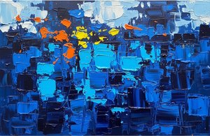 Monolithische Horizonte Von Cerulean Tiefe Und Strahlendem Bernstein-impasto-relief — Christian Noiret, Zeitgenössische Abstraktion