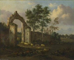 A Landscape With A Woman Driving Sheep Through A Ruined Archway — Jan Jansz Wijnants