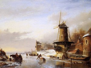 Scaters Frozen River Mill Sun — Andreas Schelfhout