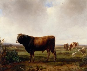 Taureau Et Autres Animaux Dans Une Prairie — Jacques Raymond Brascassat