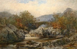River Scene With Bridge And Rocky Pool — John Syer