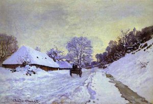 The Cart; Snow-covered Road At Honfieur, With Saint-simeon Farm — Claude Monet, Impressionist Landscape