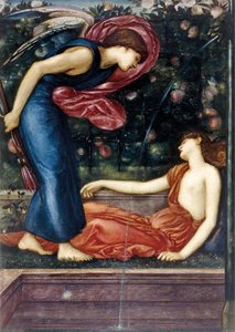 Cupid Finding Psyche: Winged Cupid Standing Over Body Of Psyche Asleep Below A Fountain, Roses On A Trellis Behind — Edward Coley Burne-jones, Pre-raphaelite