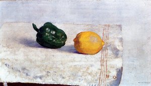 Pepper And Lemon On A White Tablecloth — Odilon Redon