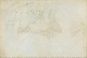 La Divina Commedia, Inferno Xxxiv (1): Center Of Hell: Lucifer In The Ice Of The Giudecca, Crushing Judas, Brutus And Cassius — Sandro Botticelli, Renaissance Humanism
