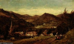 Haymakers resting beside a track with a village below