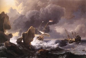 Barcos En Dificultades Frente A Una Costa Rocosa — Ludolf Backhuysen I