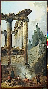Der Tempel In Ruinen. Bauern Um Einen Krug — Hubert Robert